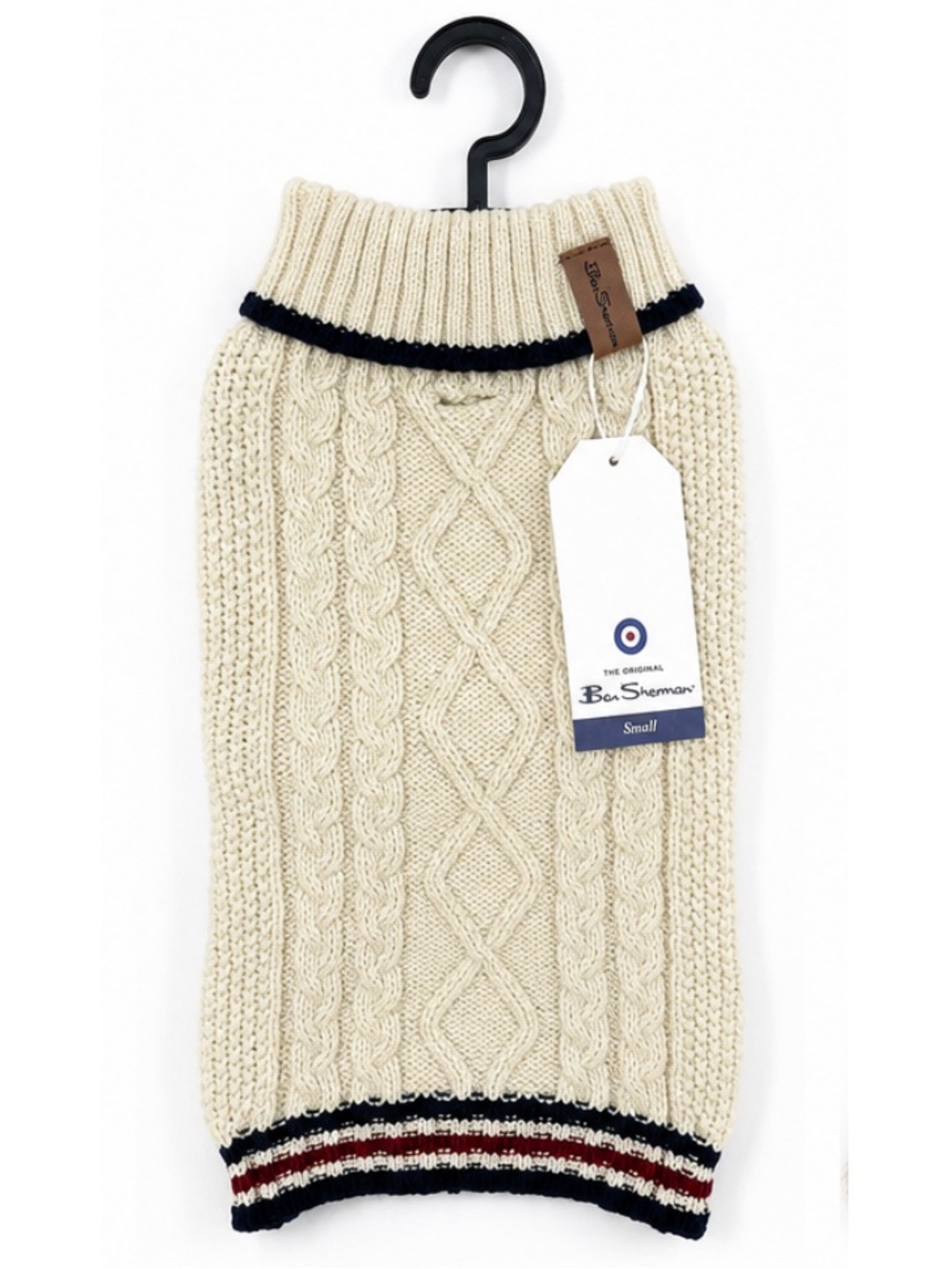 NEW - Ben Sherman Preppy Cable Knit Dog Sweater Cream Ivory Small Leash Slot